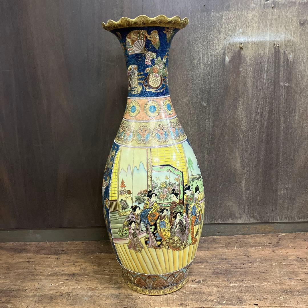 骨董品 中国美術 花鳥風月 豪華絢爛 大型 特大 薩摩焼 花瓶 金襴手 武者絵