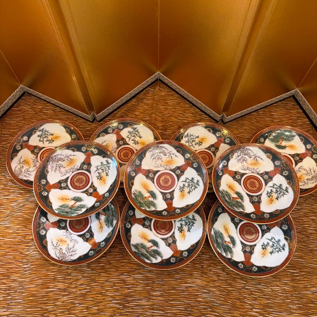【10客まとめ】九谷焼 赤絵金彩 松竹梅 皿 16cm 在銘 昭和レトロ