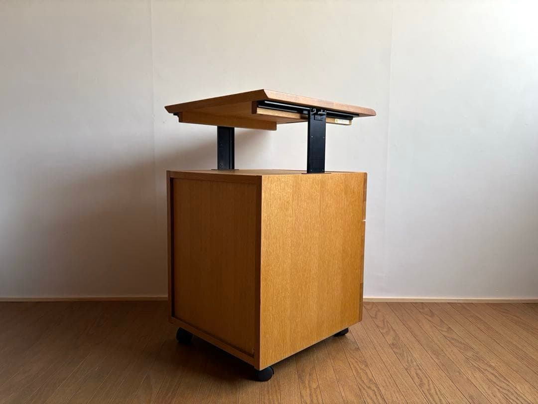 飛騨産業 キャスター付き デスクワゴン ② オーク材 天板昇降式 収納 テーブル