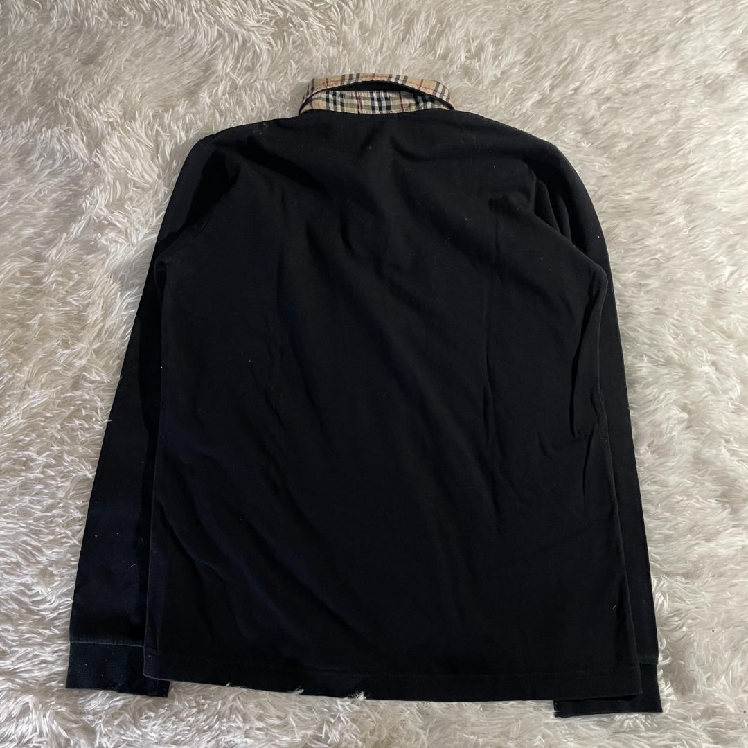 90s 英国製 バーバリーロンドン ノバチェック 襟 長袖 ポロシャツ M 黒