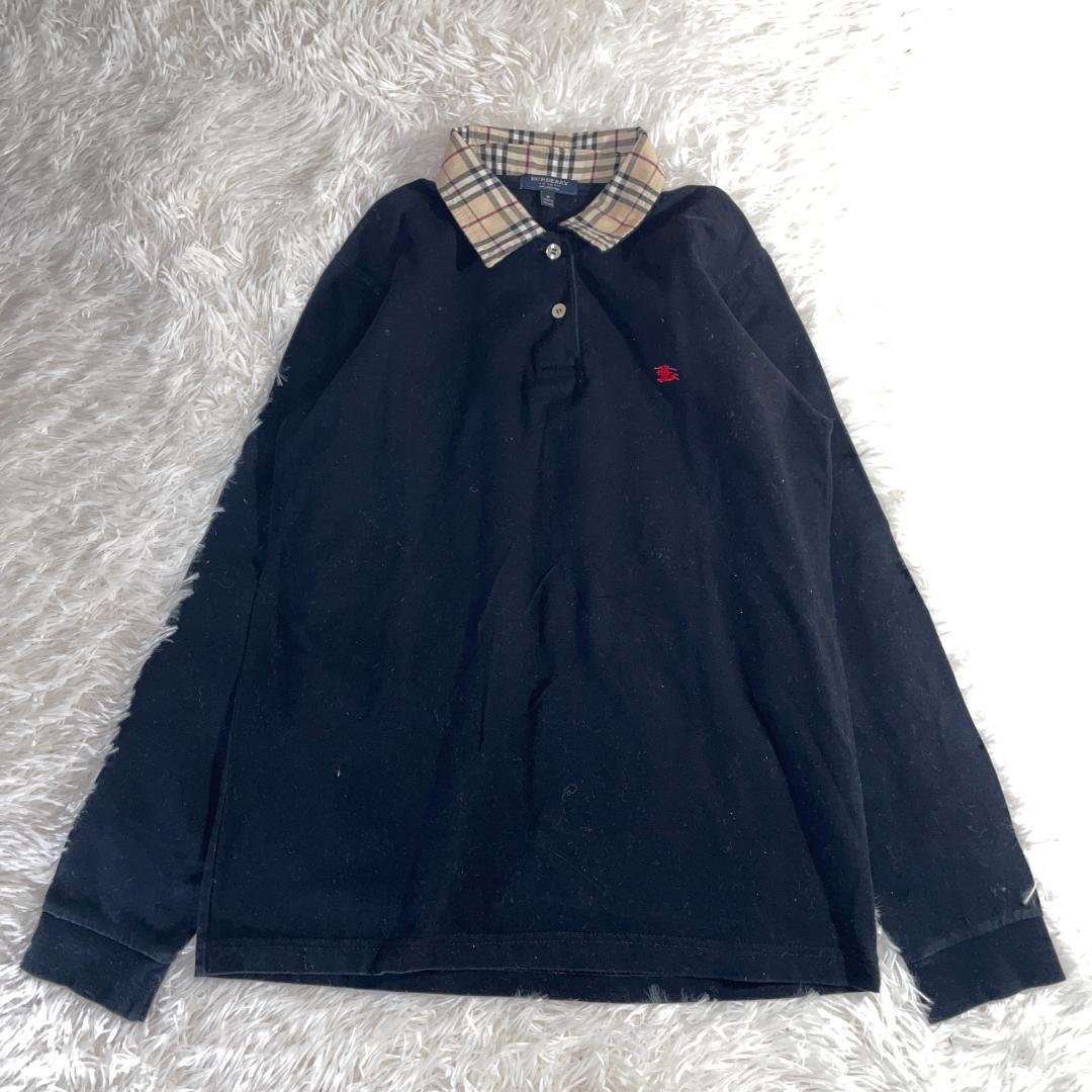 90s 英国製 バーバリーロンドン ノバチェック 襟 長袖 ポロシャツ M 黒
