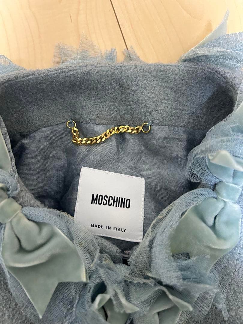 MOSCHINO リボンレースフリルノーカラージャケット ライトブルー