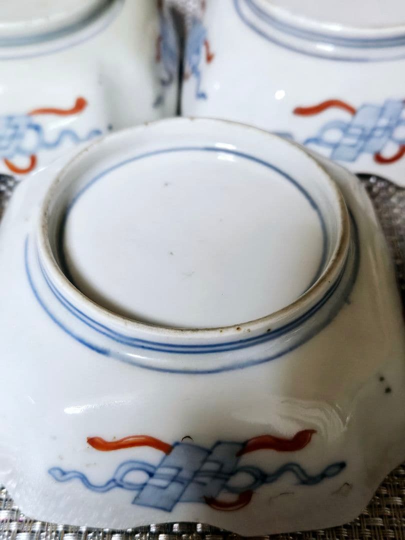 【上作古伊万里❗】江戸末期～明治初期　古伊万里錦手　紫陽花図　四方隅切角鉢　5客