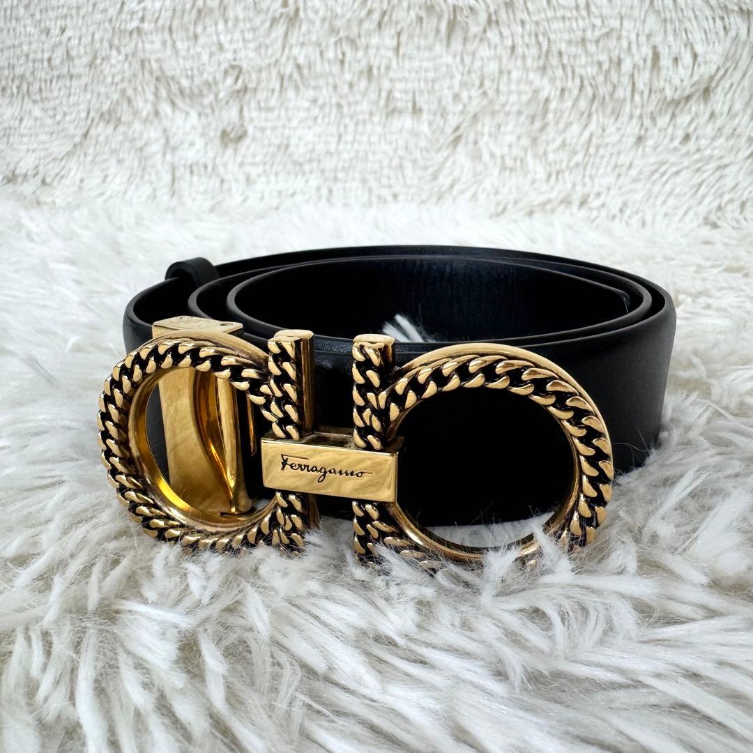 希少 フェラガモ ダブルガンチーニ ベルト ロープ ゴールド ブラック
