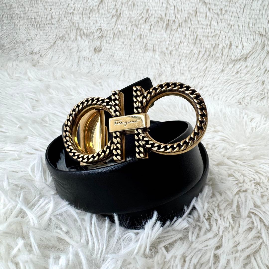 希少 フェラガモ ダブルガンチーニ ベルト ロープ ゴールド ブラック