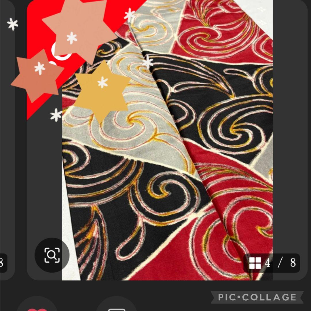 アンティーク銘仙着物【赤黒金グレー 渦巻き（唐草）模様】新品未使用（しつけ糸付）