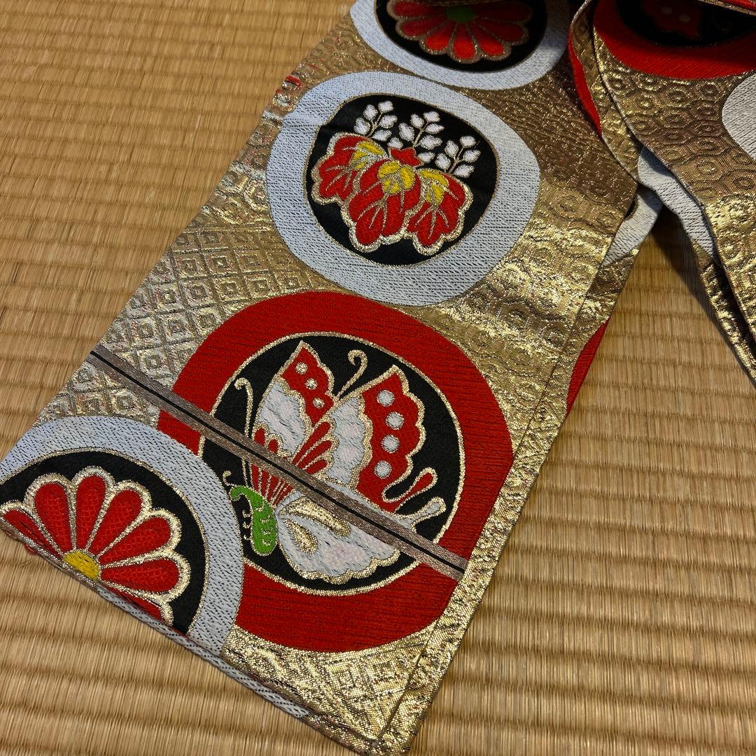 七五三　結び帯　帯　両面柄　赤　7歳　七歳　豪華両面柄入り　蝶　蝶柄　ゴールド系