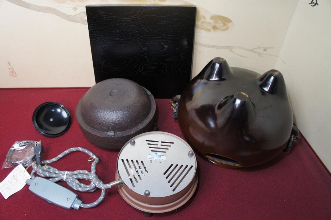 ☆美品 在銘 南鐐(銀)摘み真形釜添え 唐銅鬼面風炉 500W 電熱器送料込み