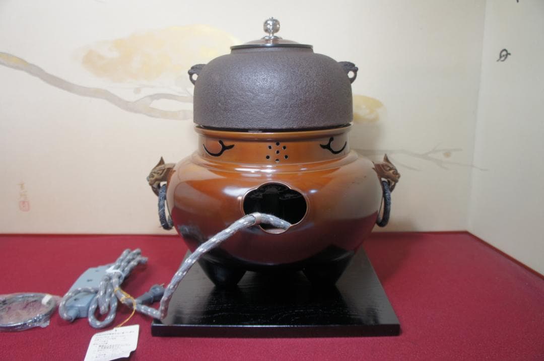☆美品 在銘 南鐐(銀)摘み真形釜添え 唐銅鬼面風炉 500W 電熱器送料込み
