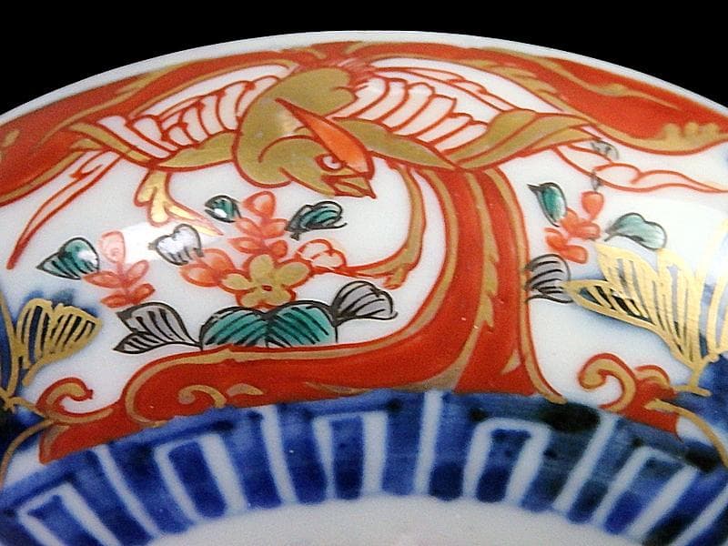 古伊万里　金襴手　窓絵　鳳凰に花の図　４寸皿　E694AS-CZq