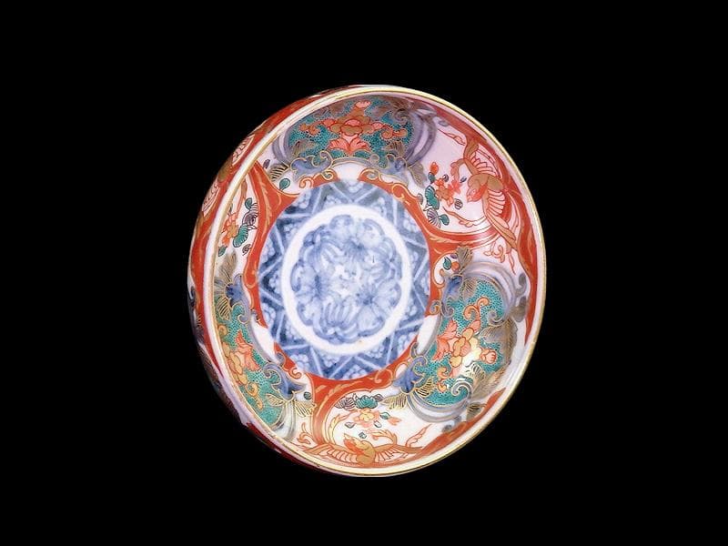 古伊万里　金襴手　窓絵　鳳凰に花の図　４寸皿　E694AS-CZq