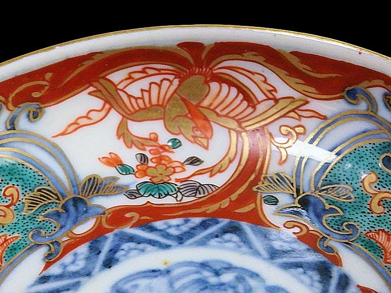 古伊万里　金襴手　窓絵　鳳凰に花の図　４寸皿　E694AS-CZq