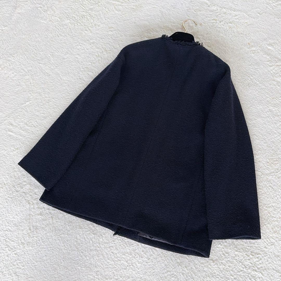美品✨【グリーンレーベル】ツイードノーカラージャケット 金ボタン ネイビー38