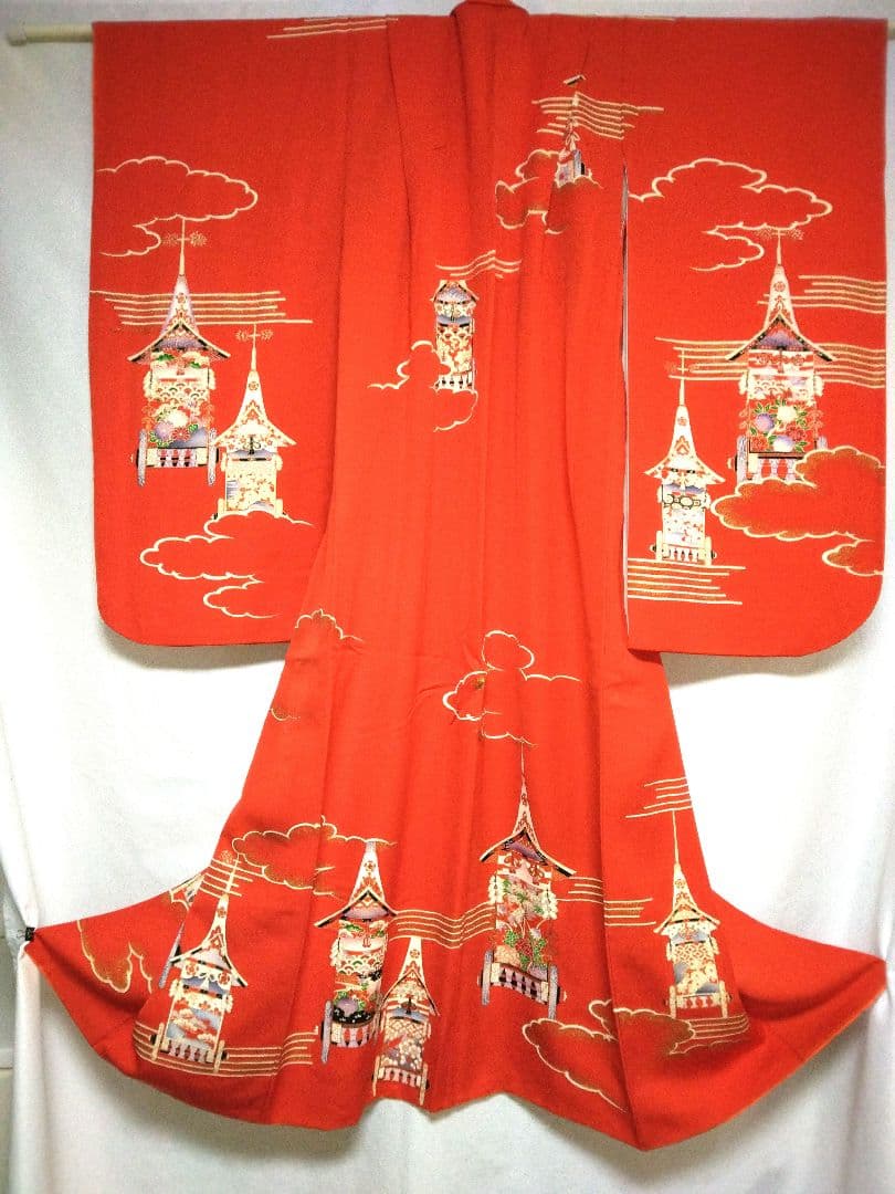 七五三用 赤色 着物 塔の絵柄