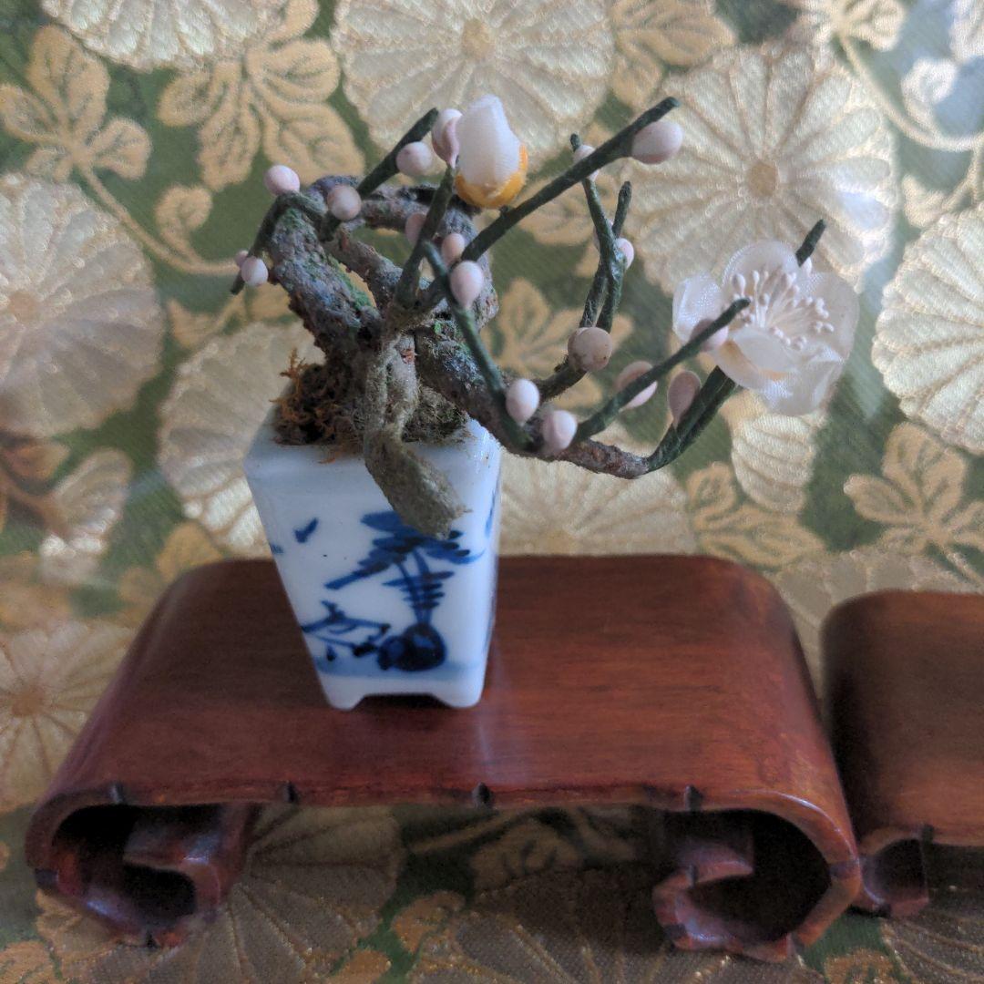 【最終価格】紅白梅豆盆栽（作り物）ミニサイズ 置物（花台付）一対