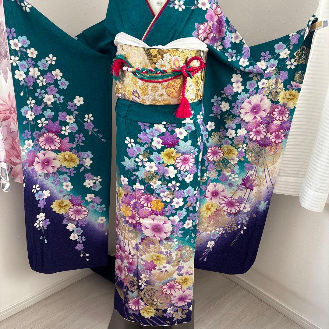 未使用に近い　正絹振袖フルセット　ガード加工有り　緑グラデーション　成人式