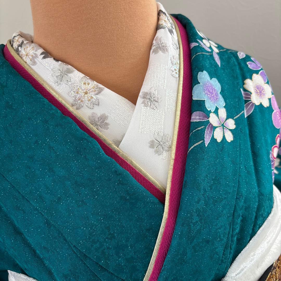 未使用に近い　正絹振袖フルセット　ガード加工有り　緑グラデーション　成人式