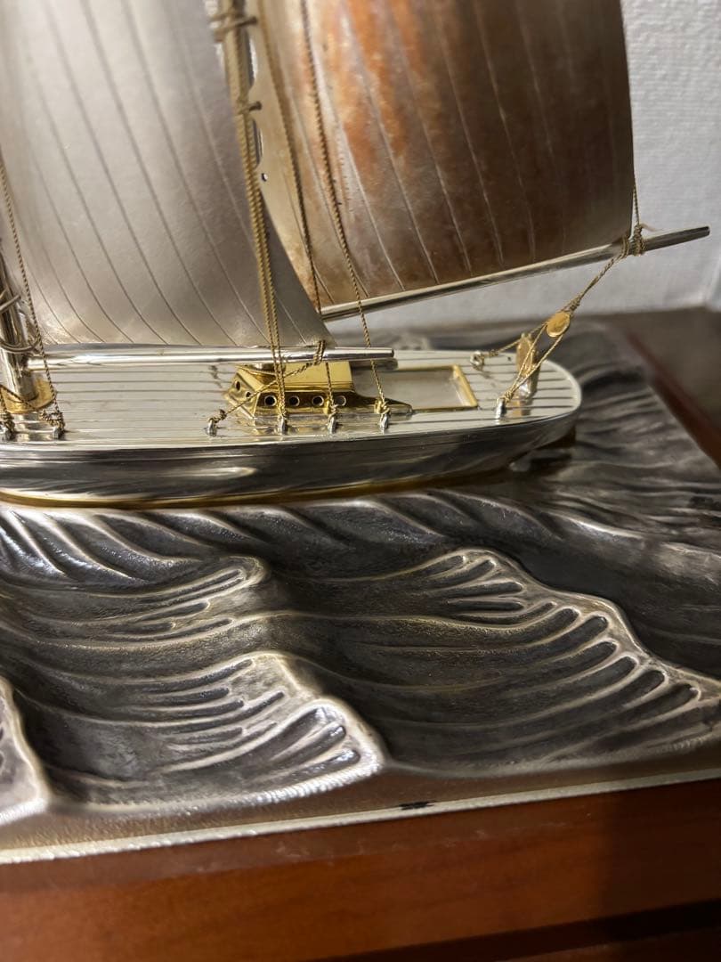 純銀刻印　帆船置物　船長さ21cm 大きめ　ガラスケース付き　レトロ