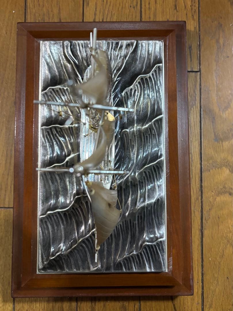 純銀刻印　帆船置物　船長さ21cm 大きめ　ガラスケース付き　レトロ