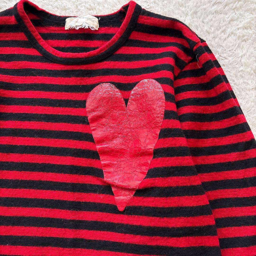 コムデギャルソン　ウールボーダーカットソー　ハートプリント　赤黒　AD2008
