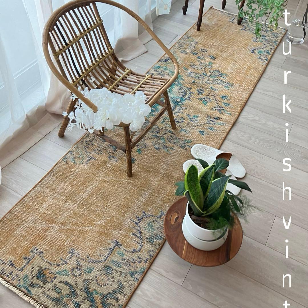 超ロング✳︎57×223 貴重カラー　イエロー　ランナー　トルコヴィンテージラグ