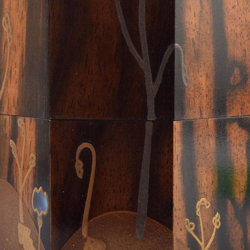 はな　茶道具　山下泰園作　黒柿製　早蕨蒔絵　八角茶器　共箱　V　8560