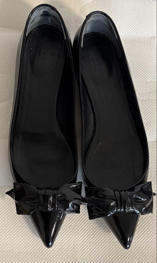 GUCCI ポインテッドトゥリボンパンプス バレエシューズ 37.5 黒 グッチ