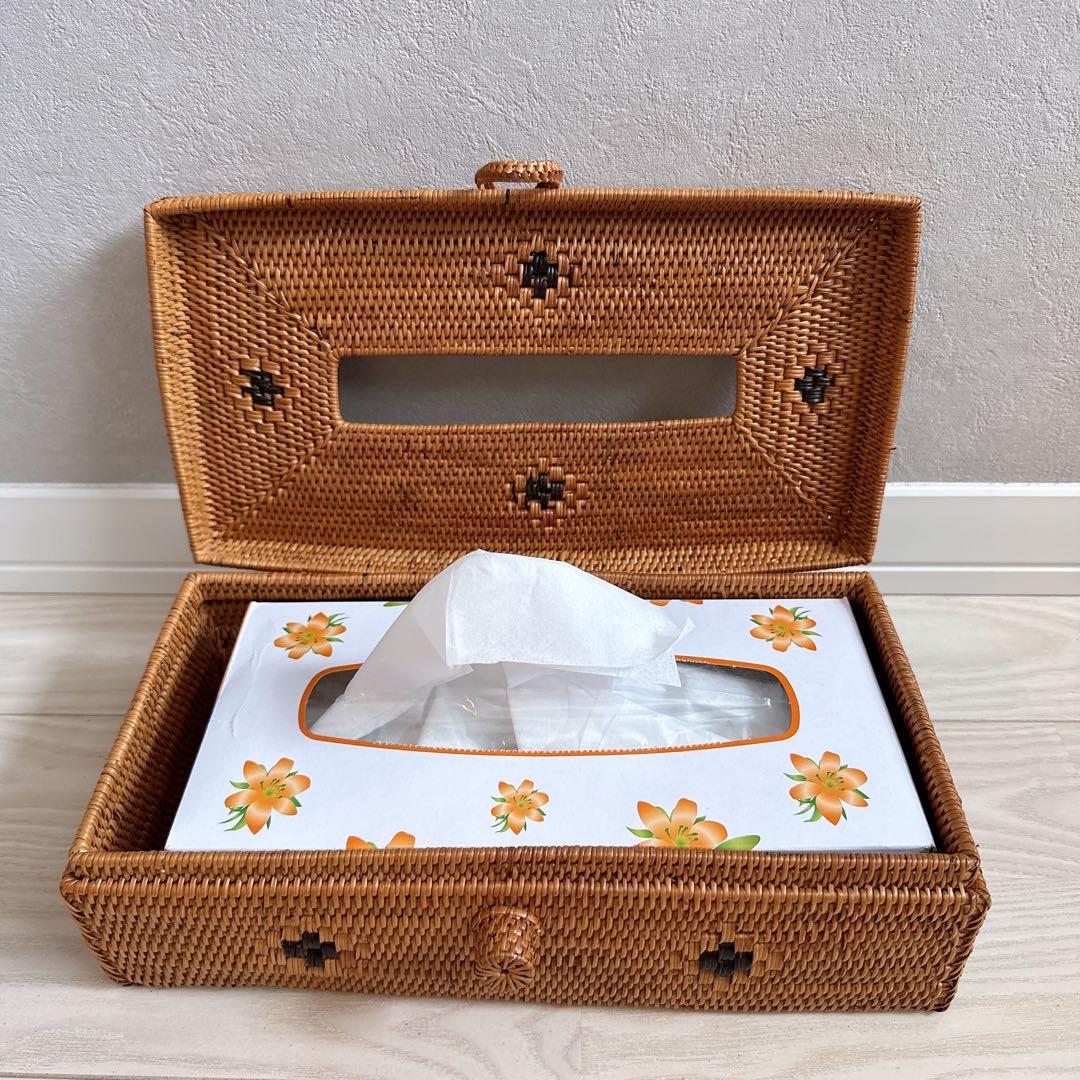 新品未使用 アタのティッシュケース リボン 花柄 バリ島雑貨 アジアン雑貨