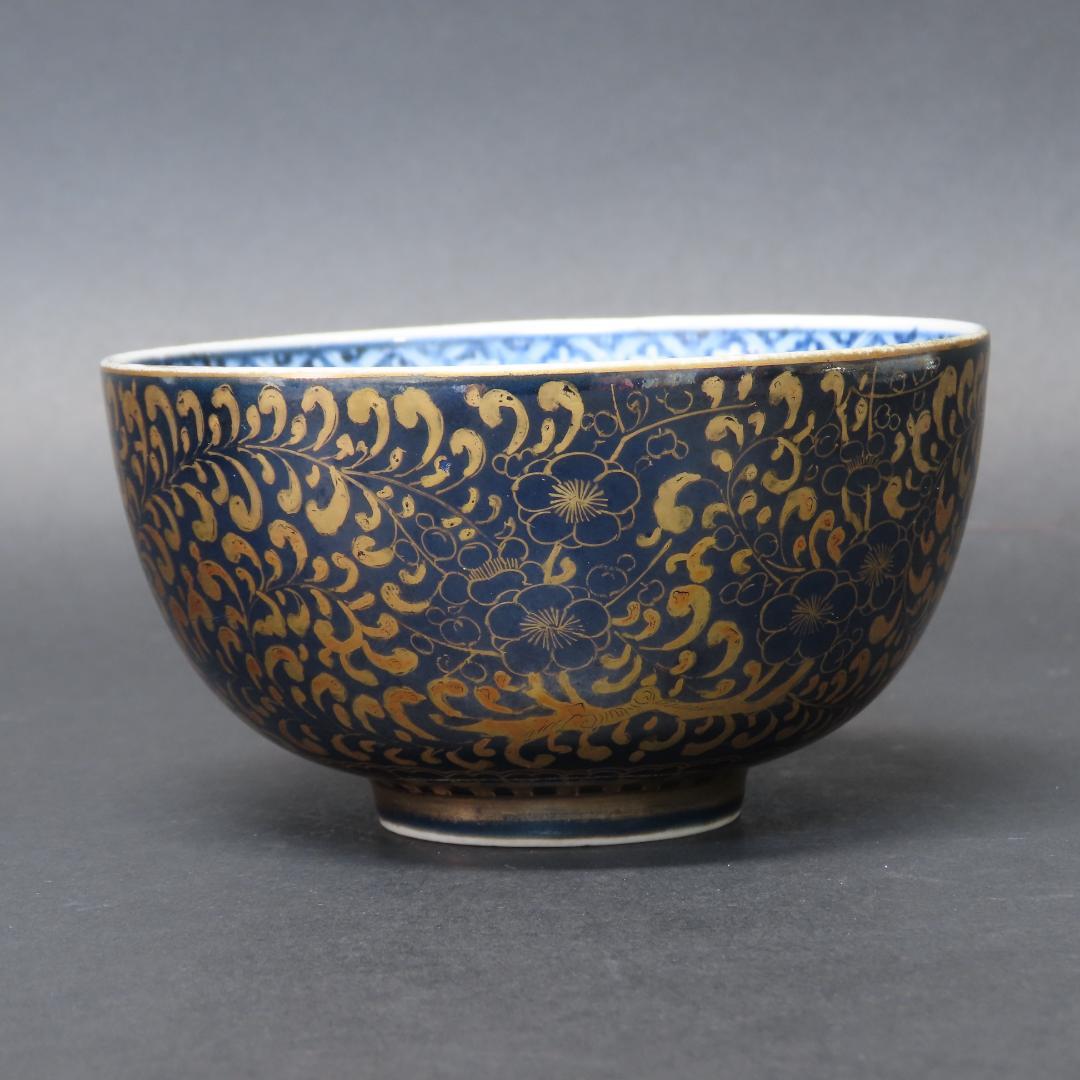 ⭕346 無傷 古伊万里 上手瑠璃色絵金襴 小鉢２客 梅花に唐草文 江戸期/中国