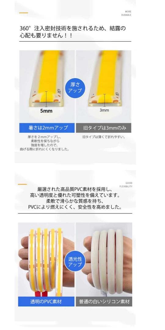 COB ledテープライト 白色 電球色 間接照明 AC110V 10m