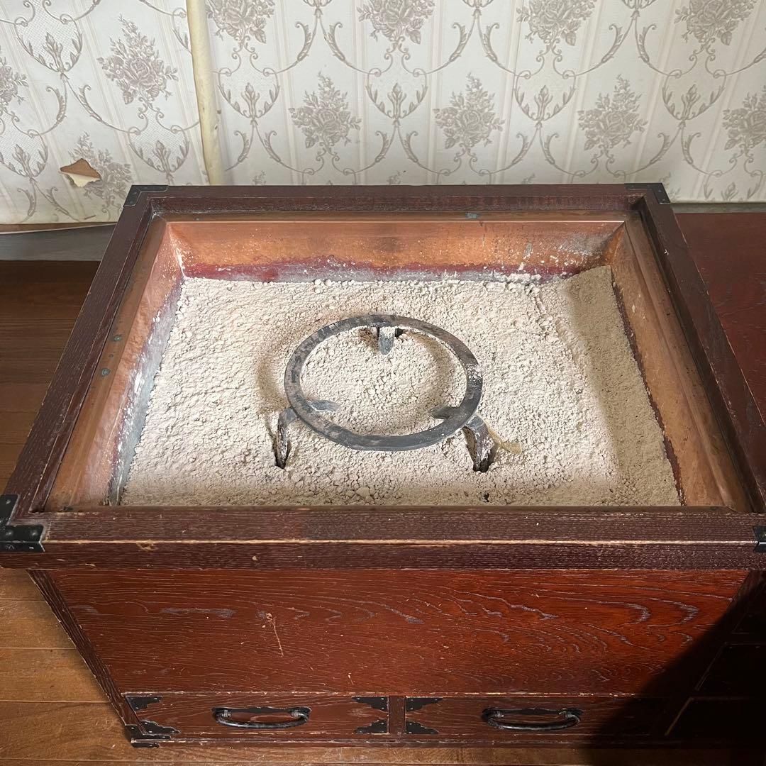 【アンティーク】昭和レトロ 木製 関東火鉢 長火鉢 引き出し付 囲炉裏 古道具