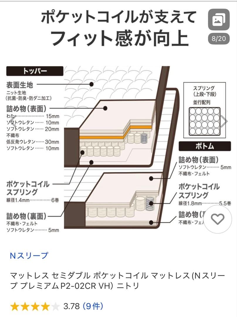 ② セミダブルマットレス Nスリープ ポケットコイル9月10日まで
