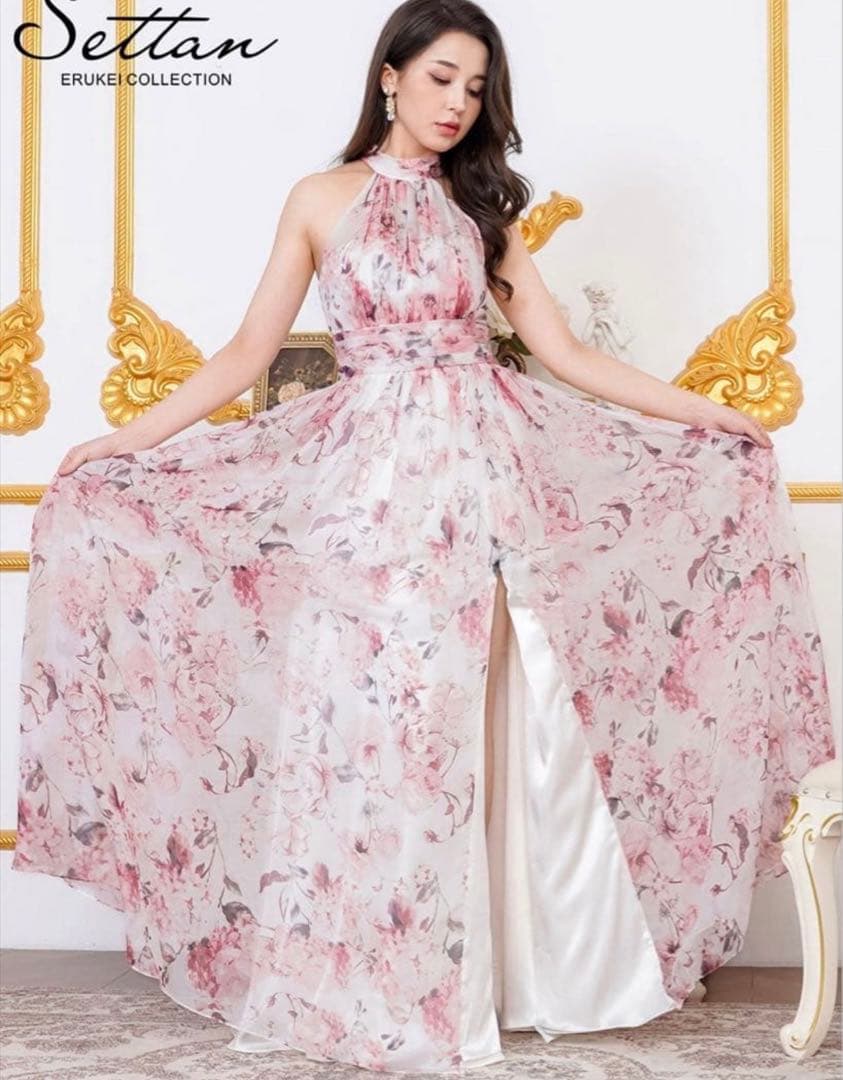 銀座クチュール　ピンク×ホワイト・花柄スリットロングドレス