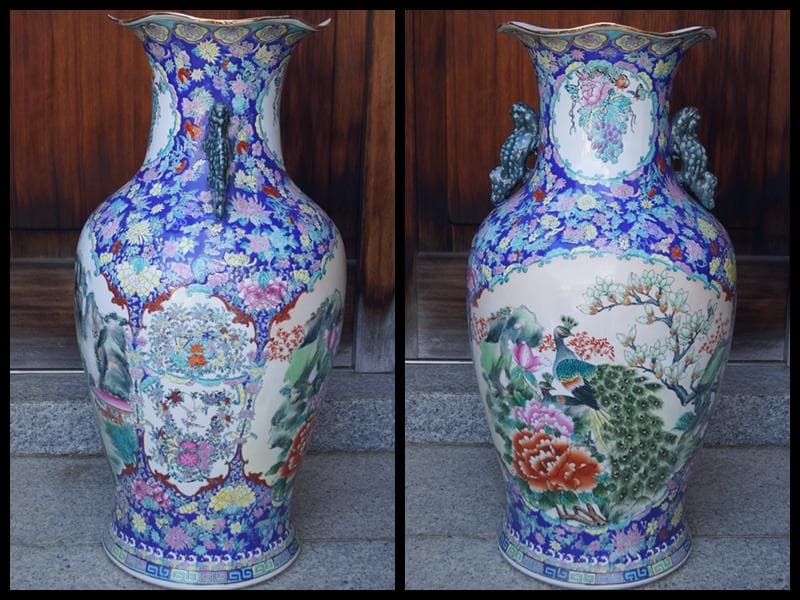 超特大型 景徳鎮製 粉彩色絵窓絵『山水風景孔雀牡丹祥瑞文』飾り壺花瓶高79cm