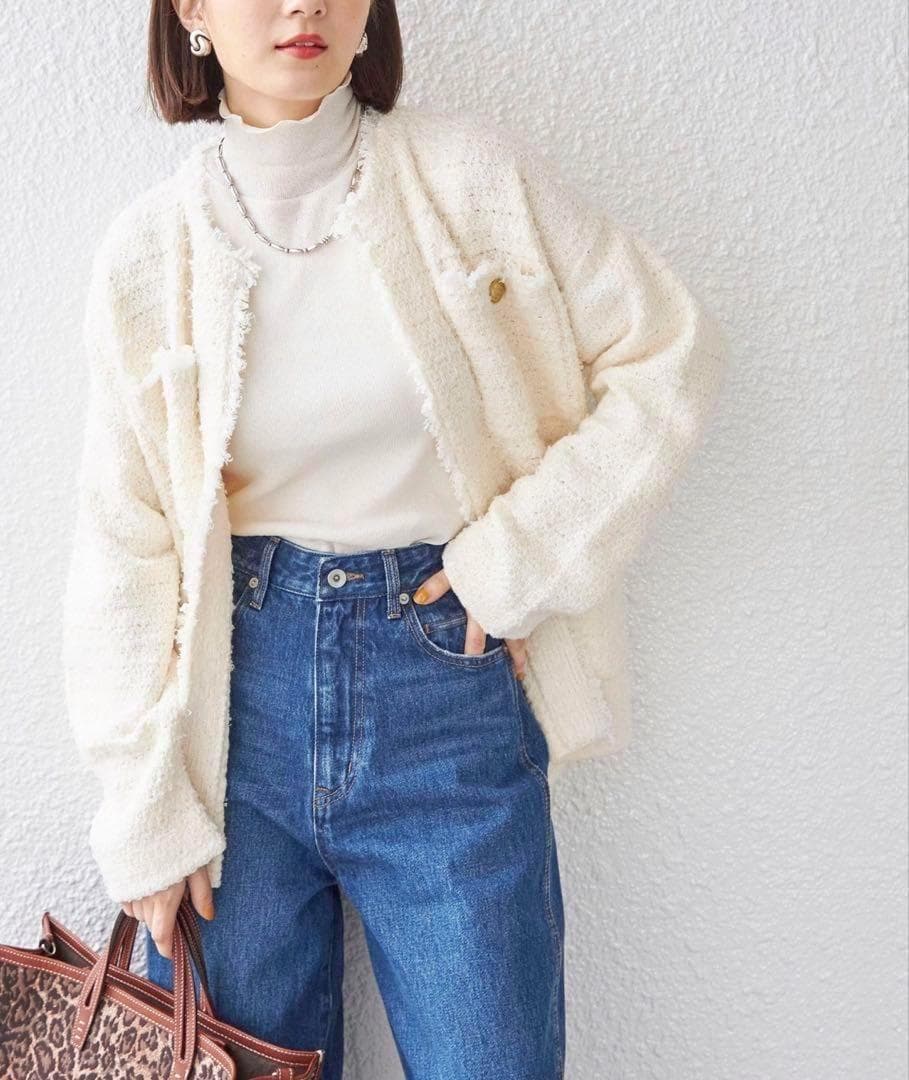 【完売希少】23AW シップス　ニットツイードクルーネックカーディガン　金ボタン