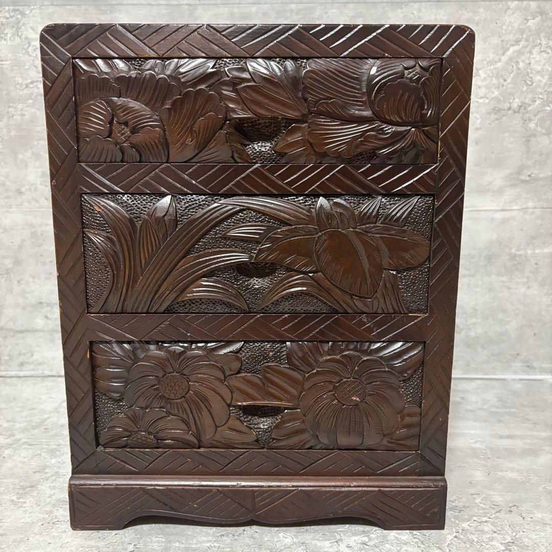 日光彫　軽井沢彫　小箪笥　引き出し　3段　伝統工芸　和家具　牡丹　菊　椿　水仙