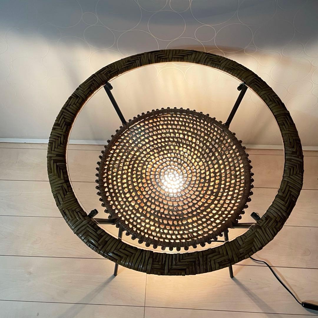 【美品】ラタン ガラス天板 サイドテーブル 照明付き 間接照明 籐家具 アジアン