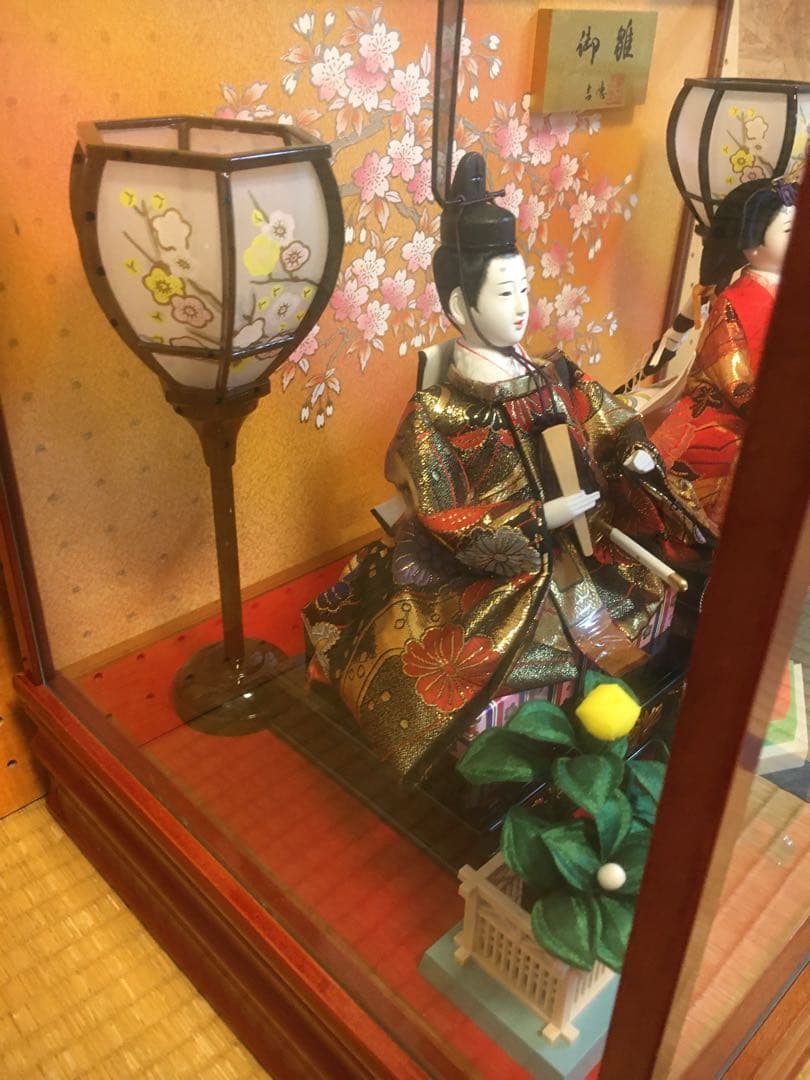 雛人形セット 桜背景 ガラスケース付き