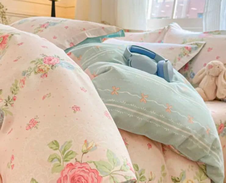 新品★薔薇水玉リボンロマンチック！綿100%シングルカバーセット枕カバー２枚付