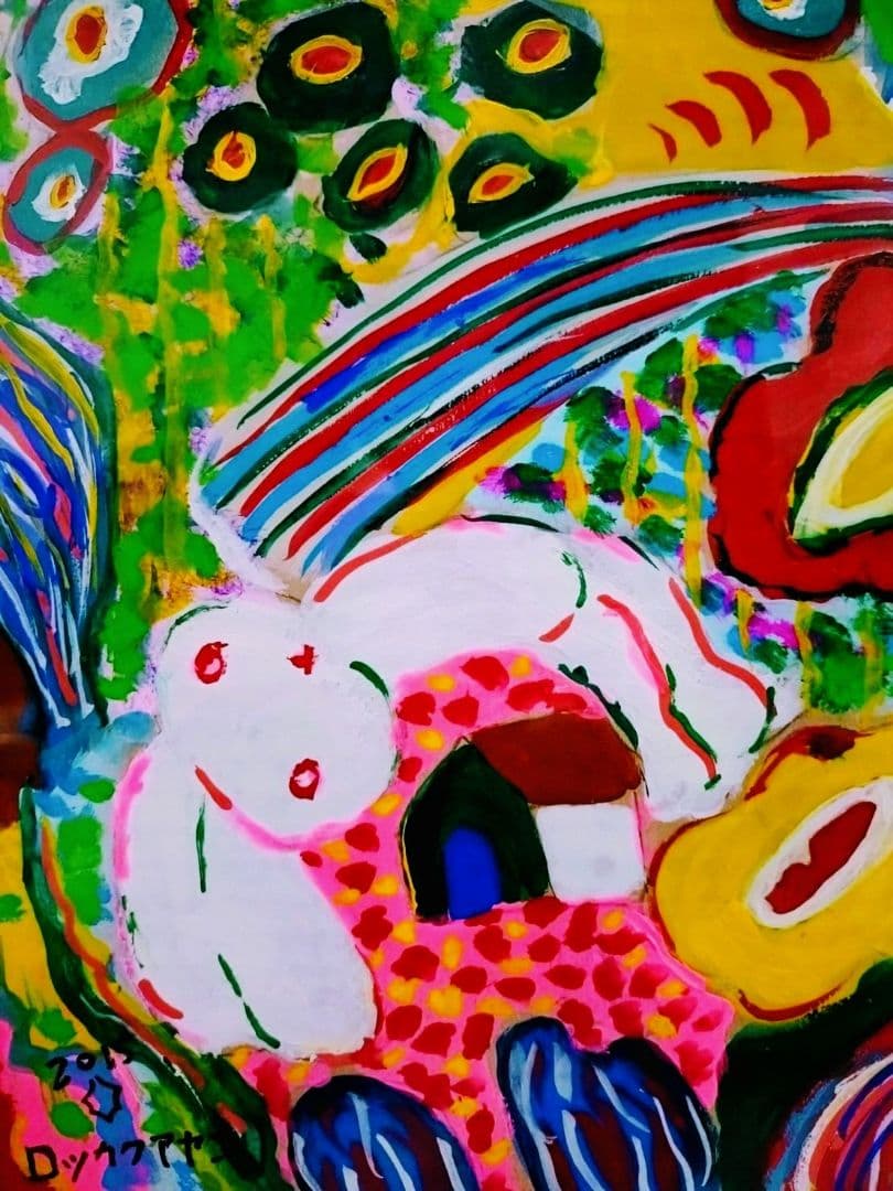 ロッカクアヤコ【段ボール画】手描き大型作品/表サイン有り/油彩/アクリル/額縁