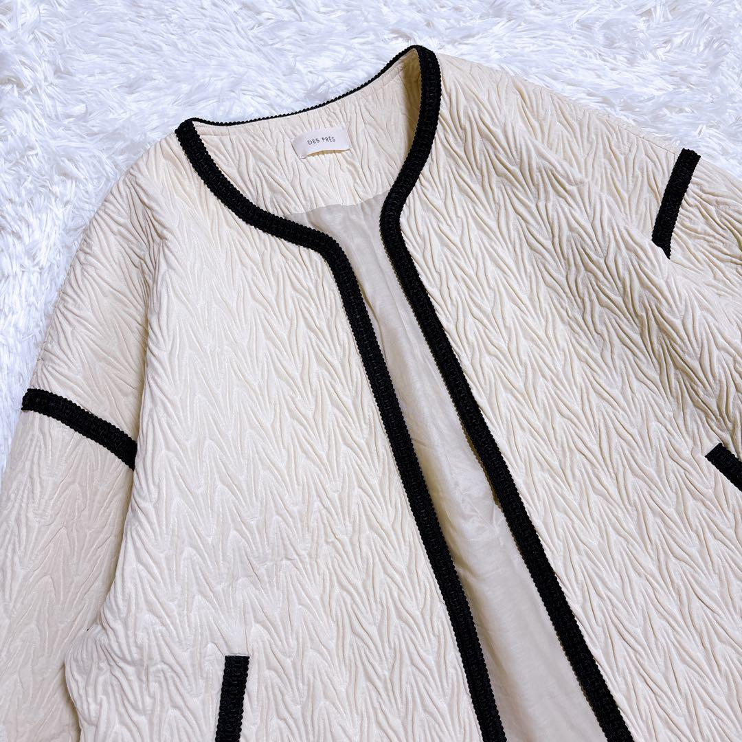 DES PRES ヘリンボーン ジャカード ノーカラー ショートコート ウール混