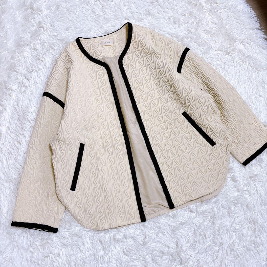 DES PRES ヘリンボーン ジャカード ノーカラー ショートコート ウール混