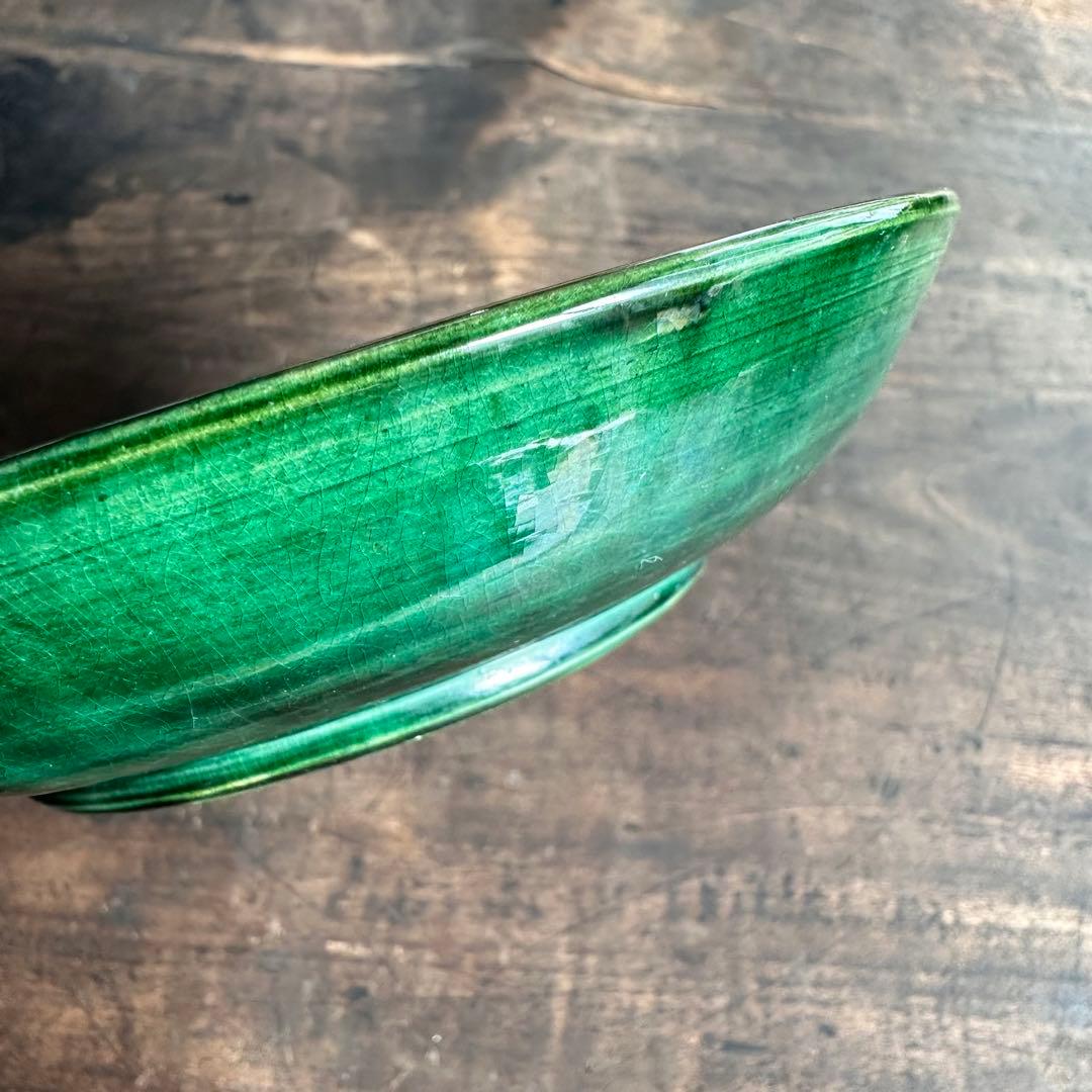 【希少!】　珉平焼　緑釉　蓮池水禽図　陰刻皿　緑陰刻　草紋皿　骨董　古陶