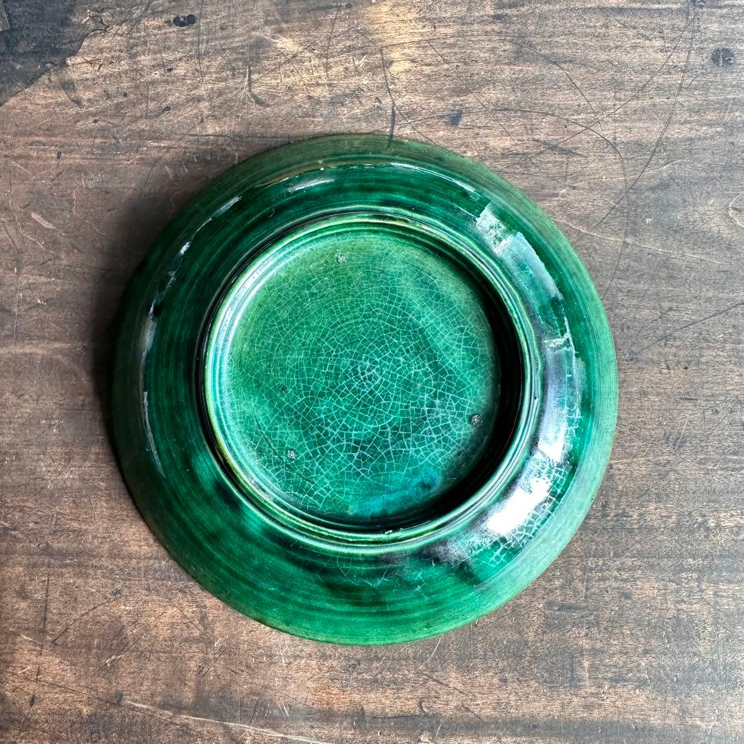 【希少!】　珉平焼　緑釉　蓮池水禽図　陰刻皿　緑陰刻　草紋皿　骨董　古陶