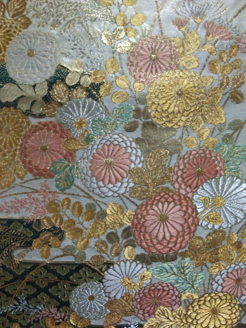 O-294 西陣袋帯 六通 菊 花菱 萩 秋草霞蒔絵文様 金銀糸箔 美品