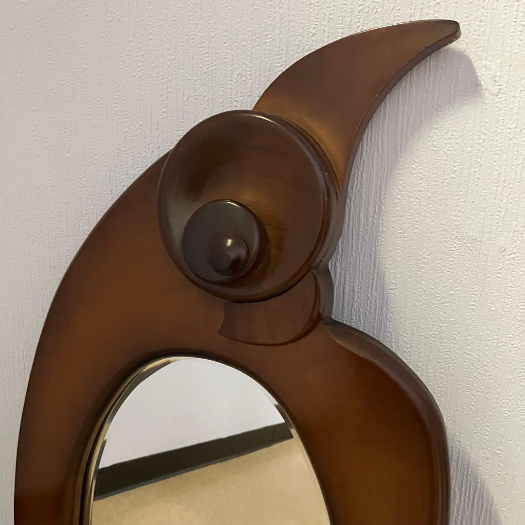 オウム型　壁掛け　木製　ミラー　鏡