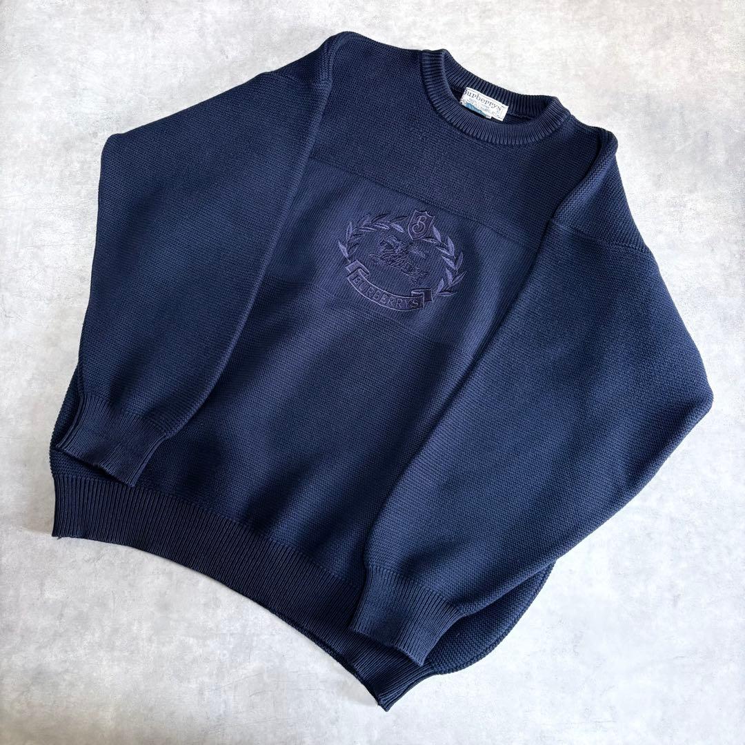 Burberrys 英国製 クレスト刺繍 ホースロゴ コットンニット ネイビー