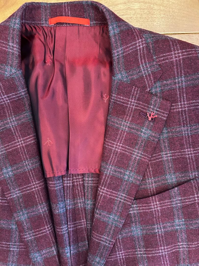 【新品未使用】ISAIA バーガンディチェックジャケット ウール混合
