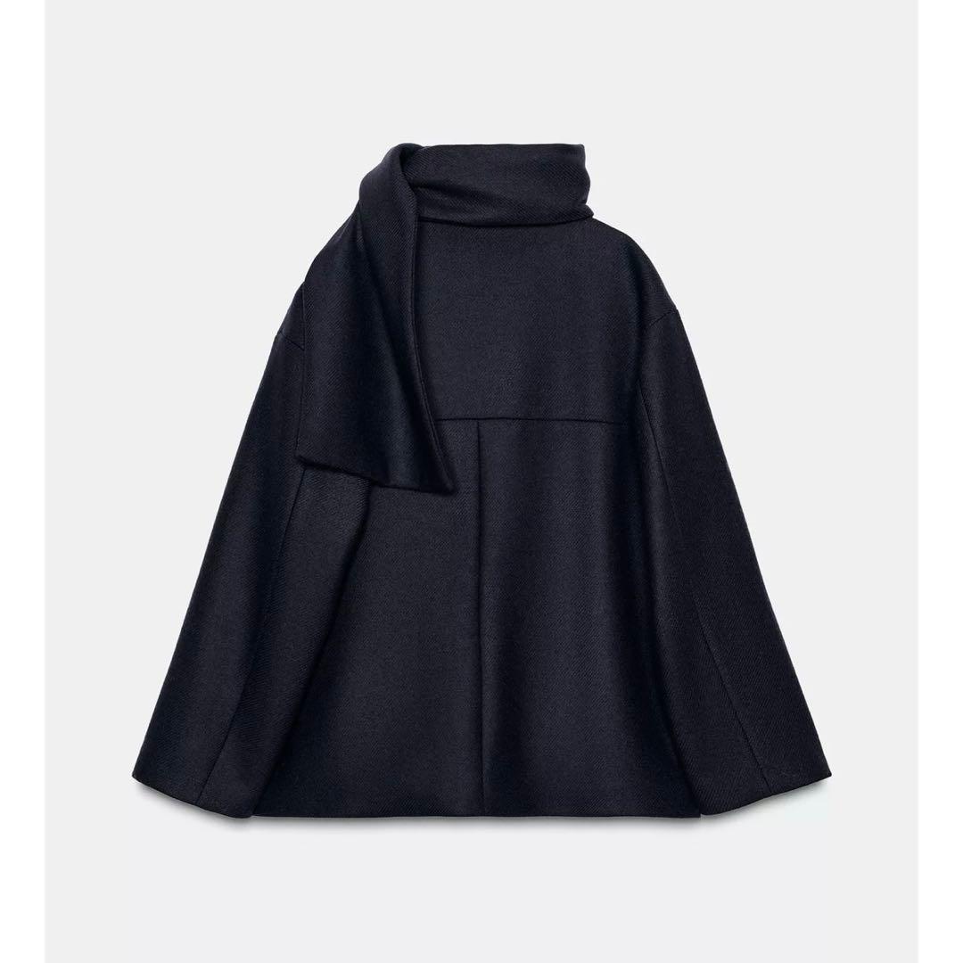 新品タグ付き ZARA ウールショートスカーフコート Sサイズ ネイビーブルー