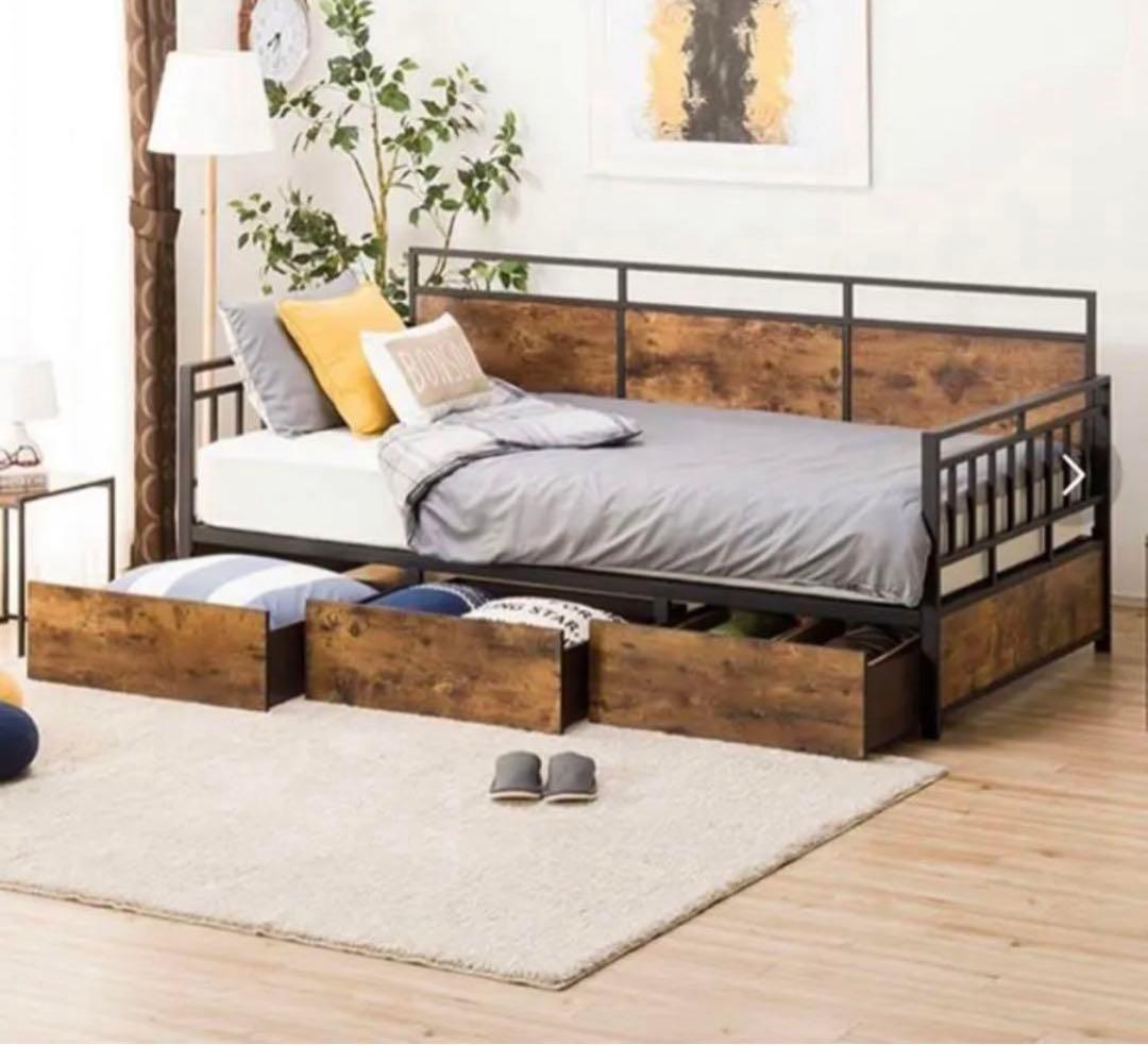 ニトリ／デイベッドステイン/シングルベッドフレーム スチール 木製 収納付き